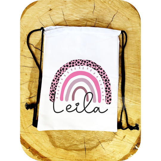 Personalised Leopard Print Drawstring Bag|Back To School Rainbow Design Sports Gym Bag|Gift Idea For Birthday, Child, Daughter, Niece