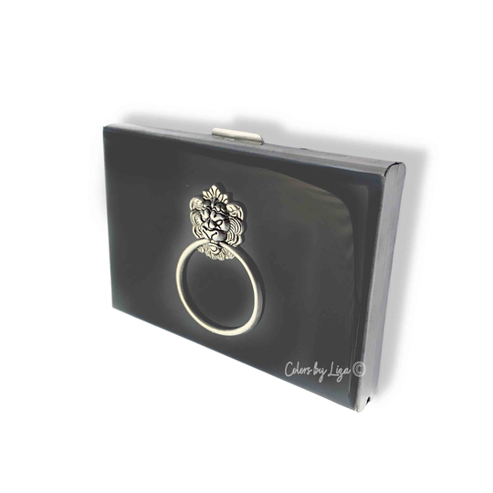Gargoyle Lion Wallet in Gray Opaque Enamel Medieval Doorknocker Style Rfid Blocker Credit Card Case With Personalized & Color Option