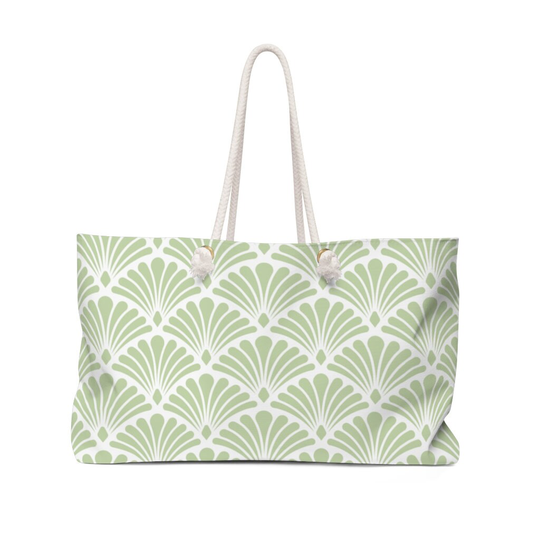 Art Deco Oversized Weekend Bag | Mint Green & White Fan Pattern Beach Large Shoulder Carryall Nouveau Summer Shopper Tote