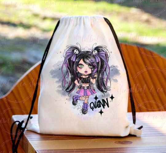 Personalised Goth/Emo Girl Drawstring Bag, P.e Kit Back To School Nursery Kids Swim Gym Dance