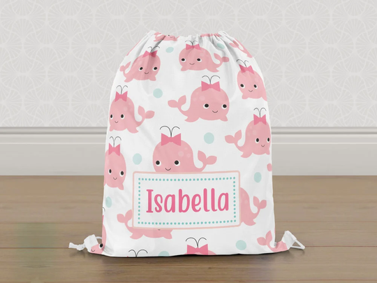 Personalised Pink Whales Gym Bag, Girls Kids Drawstring Childrens School Pe Swim Bag | Customise With Any Name