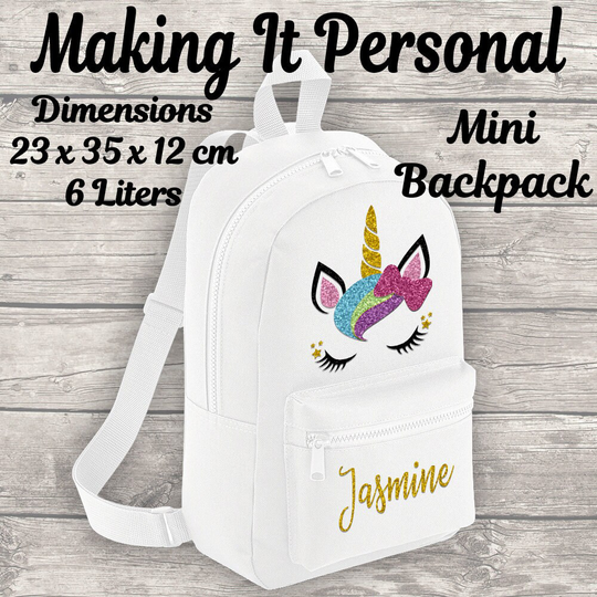 Personalised Unicorn Backpack Bag Rucksake Girls White Add Your Name Mini Essential Fashion Kids Size 6 Litres
