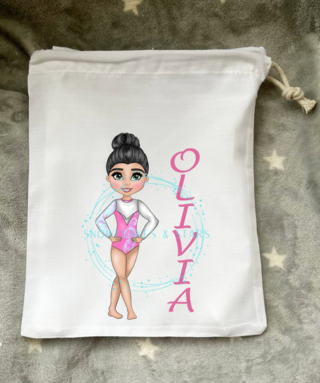 Personalised Gymnastics Drawstring Bag, White, 25cm X 30cm, With Choice Of 36 Gymnasts. Pastel Pink Leotard