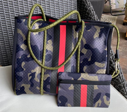Neoprene Camo Tote, Green/Red Racer Stripe, Beach, Pool, Gym, Baby Bag, Yoga, Tennis