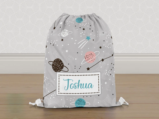 Personalised Rocket Space Planets Gym Bag, Boys Kids Drawstring Childrens School Pe Swim Bag | Customise With Any Name