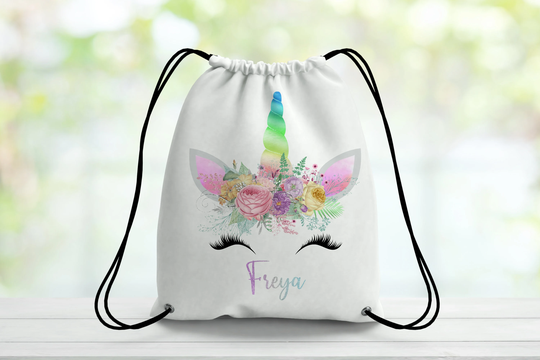 Personalised Floral Unicorn Head With Glitter Name, Personalised Pe Bag, Back To School Supplies