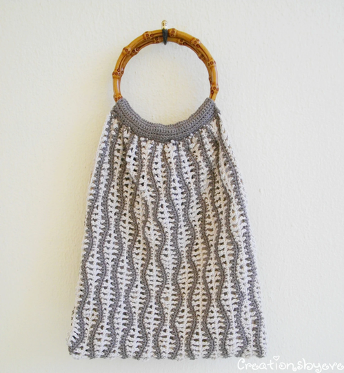 Wavy Stripes Crochet Bag, Crochet Bag, Round Handles Bag, Shopping Bag, Summer Bag, Beige Gray, Boho Bag
