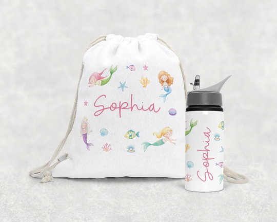 Personalised Mermaid Pe Bag Set I Gym Boys Girls Kids Drawstring Bag, Childrens School Swim Dinosaurs, Unicorn, Waterbottle