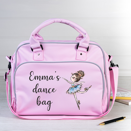 Personalised Ballet Dance Class Bag, Brunette Ballerina, Any Name Added, Pink Satchel