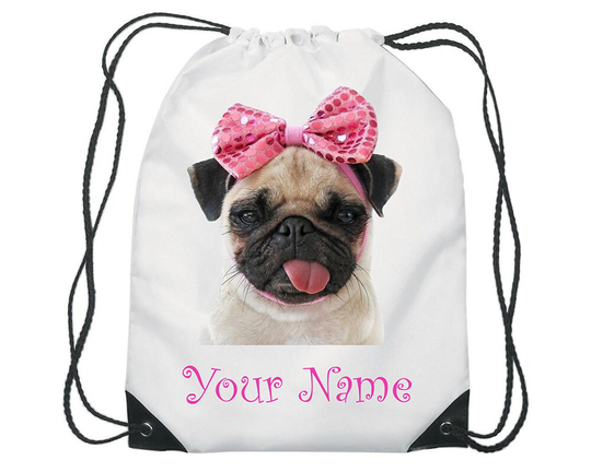 Personalised Pug Bow Gym Bag Pe Dance Sports School Swim Shoe Water Resistant