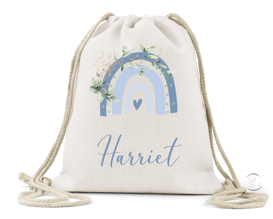 Personalised Dance Shoes Drawstring Bag. Girls Ballet Shoes. Gym P.e Rainbow Bag. Blue Rainbow. Childs Name On Bag