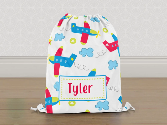 Personalised Cartoon Aeroplanes Gym Bag, Boys Kids Drawstring Childrens School Pe Swim Bag | Customise With Any Name