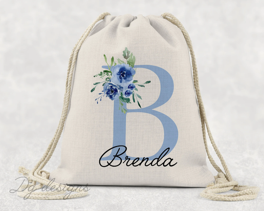 Personalised Bag Dance Gym Baby Gift Drawstring Linen Name & Floral Initial