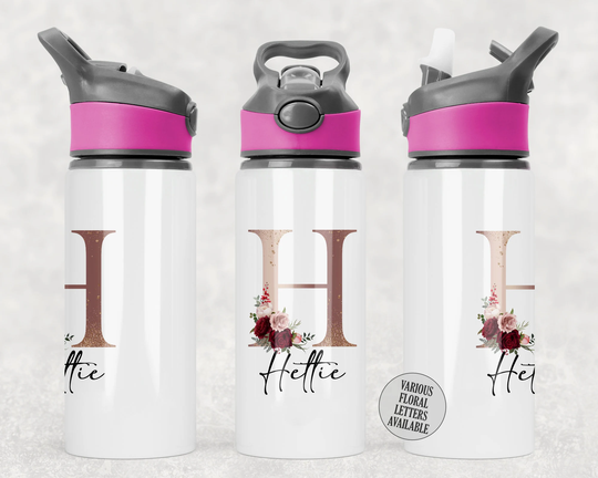 Personalised Floral Letter Straw Bottle, Aluminium Water Flowers Alphabet, With Name, Gift For Her