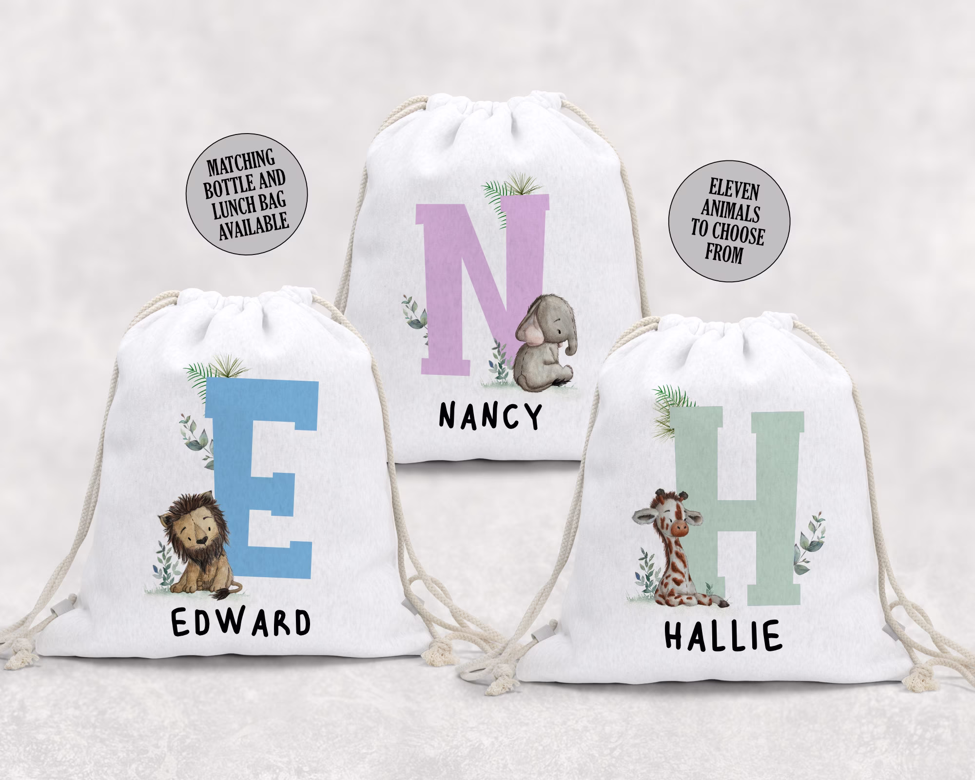 Personalised School Gym Bag, Kids Pe Back To Safari Theme, Alphabet With Name, Lion Zebra Elephant Giraffe