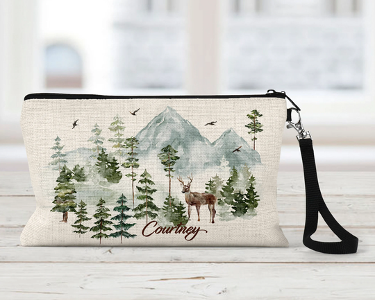 Outdoors Girl Makeup Bag, Personalized, Natural Linen, Zipper Pouch, Tech Accessory Art Or Journaling Pouch