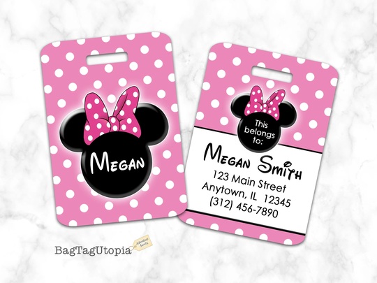 Minnie Mouse Luggage Tag, Bag Pink With Polka Dots, Personalized