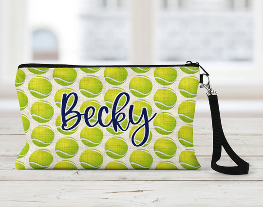 Tennis Balls Makeup Bag, Personalized, Natural Linen, Zipper Pouch, Tech Accessory Art Or Journaling Pouch