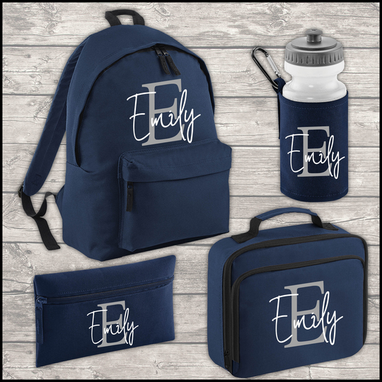 Personalised Initial & Name 18L Backpack Kids Lunch Bagwater Bottle Free Pencil Case Add Your Name Back To School Navy