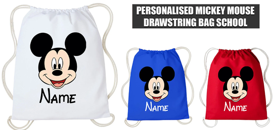 Personalised Pe Kit Drawstring Bag Children Mickey Mouse Cotton School/Sport/Gym Rucksack Kids