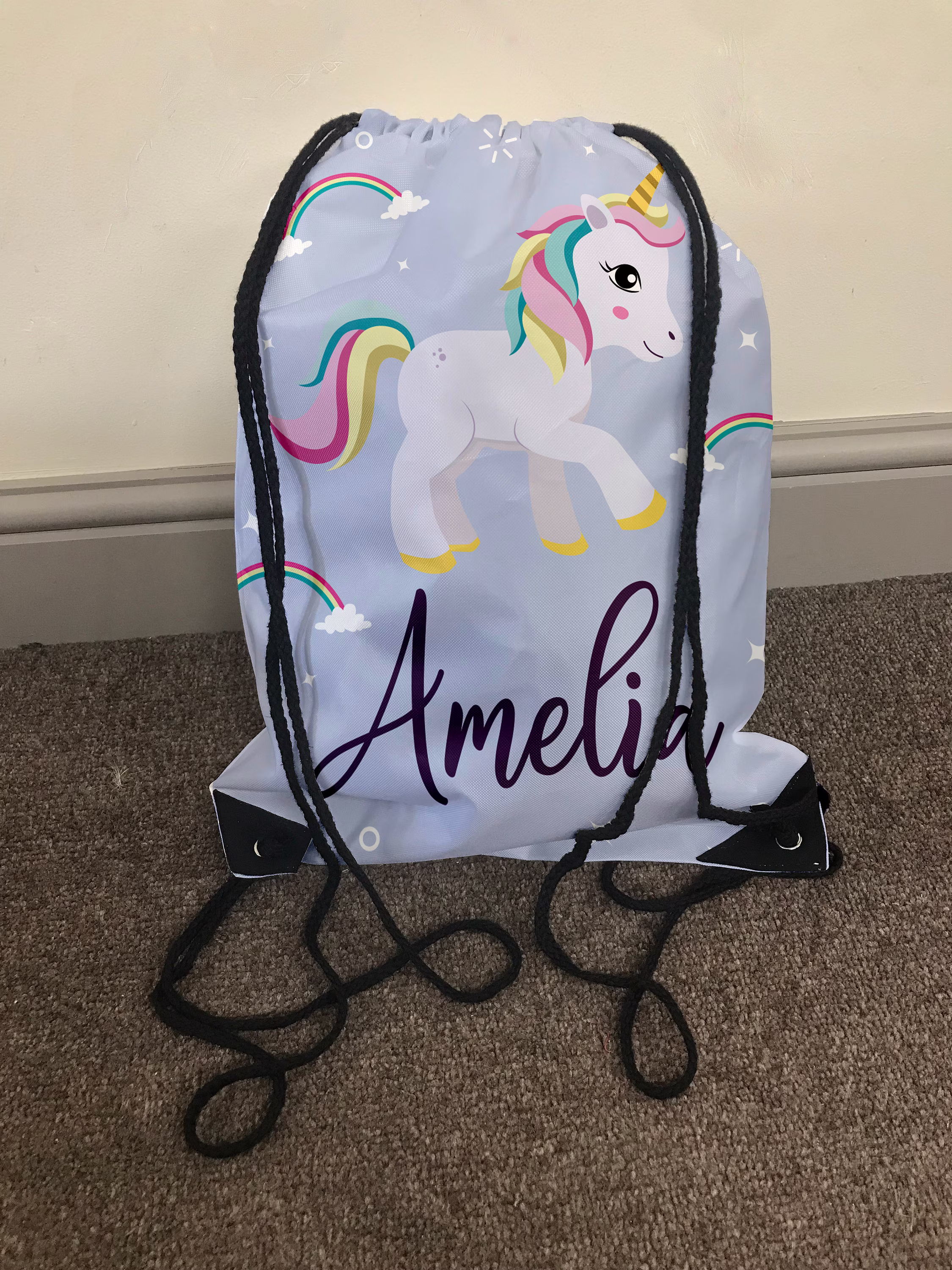 Personalised Children's Unicorn Drawstring Gym Bag, Sparkle, Any Name, Colourful, Cute
