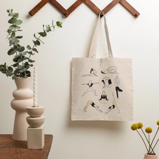 Yoga Inspired Canvas Tote Bag, Gold, Yoga Positions, Figures, Gym Cotton Reusable Tote, Gifts