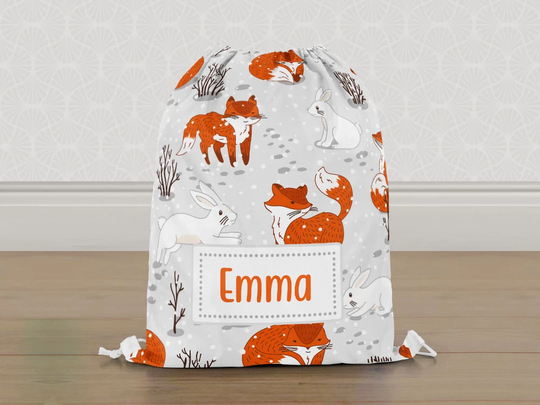 Personalised Fox & Rabbit Hare Gym Bag, Girls Kids Drawstring Childrens School Pe Swim Bag | Customise With Any Name