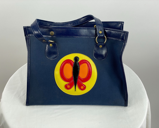 1960S 70S Canvas Tote Bag With Vinyl Appliqued Butterfly Made in Japan