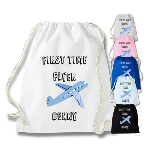 First Time Flying Personalised Drawstring Cotton Plane Gym Bag Girls Boy Holiday Pe Pump Nursery Graduation Ftfpe
