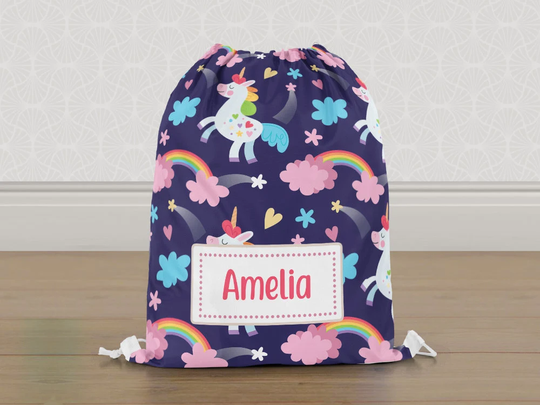 Personalised Unicorn Purple Gym Bag, Girls Kids Drawstring Childrens School Pe Swim Bag | Customise With Any Name