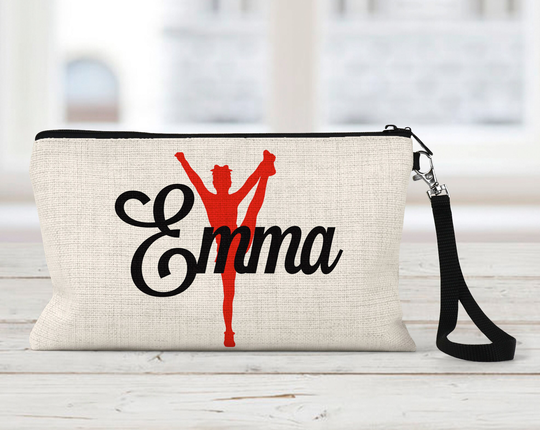 Cheerleader Makeup Bag, Personalized Heel Stretch Design, Natural Linen, Tech Accessory Art Or Journaling Pouch