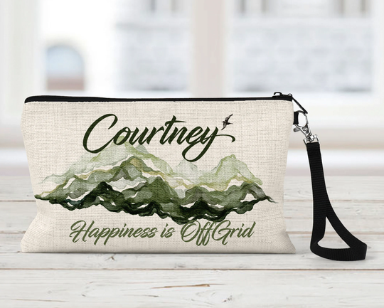 Mountains Off Grid Makeup Bag, Personalized, Natural Linen, Zipper Pouch, Tech Accessory Art Or Journaling Pouch