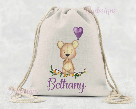 Personalised Bag Dance Gym Baby Gift Drawstring Linen Baby Teddy