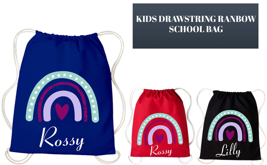 Personalised Pe Kit Drawstring Bag Children Rainbow School/Sport/Gym Rucksack Kids Any Name/Text