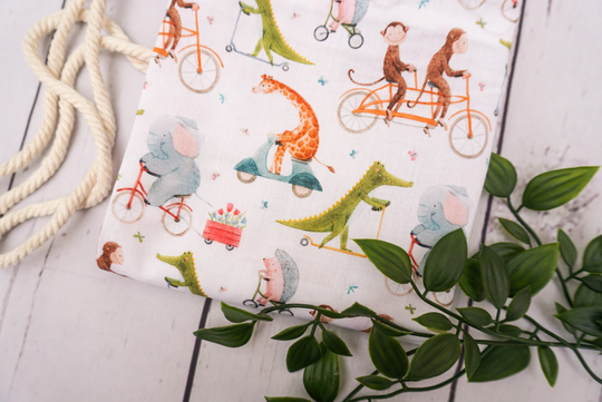 Handmade Zoo Animal Print Drawstring Bag/Backpack Monkey Crocodile Elephant Nursery Laundry
