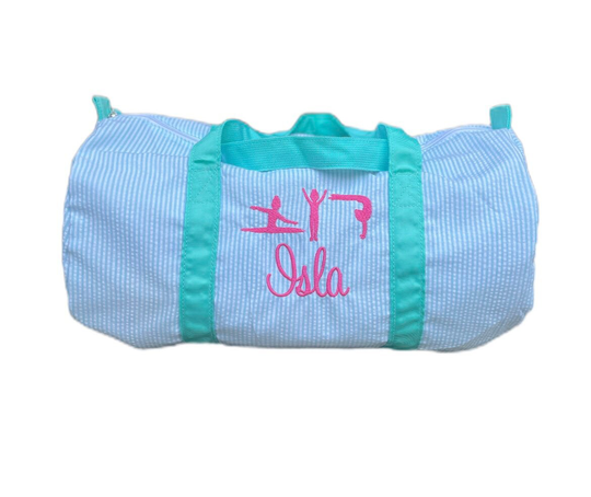 Monongrammed Personalized Seersucker Gymnastics Duffel Barrel Bag, Dance Tote Sleepover Weekend Overnight