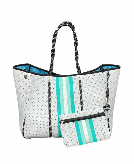 White & Turqouise Neoprene Beach Bag With Small Zippered Purse, Personalized Bag, Neoprene Gym Bag, Tennis Bag