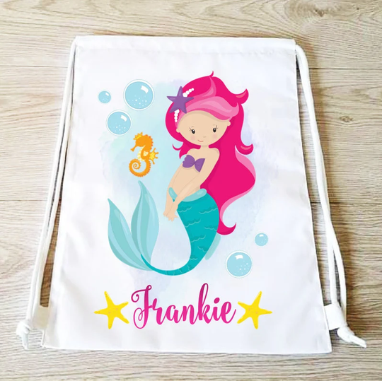 Mermaid Drawstring Backpack Bag Pe Gym Girls Sports Personalised Mermaid School Swim