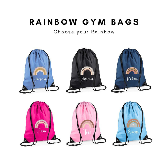 Personalised Rainbow Gym Bag, Drawstring, Pe Kit Bag, Swimming Lesson Girls Boys, School Party, Pump, Nursery Gifts