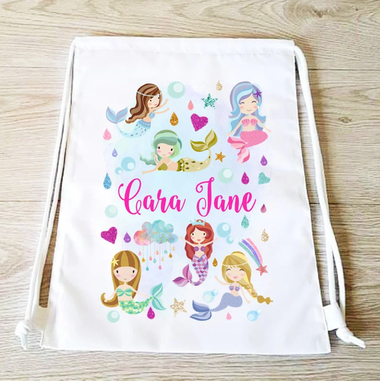 Mermaid Drawstring Backpack Bag Pe Gym Girls Sports Personalised Mermaid School Swim Glitter
