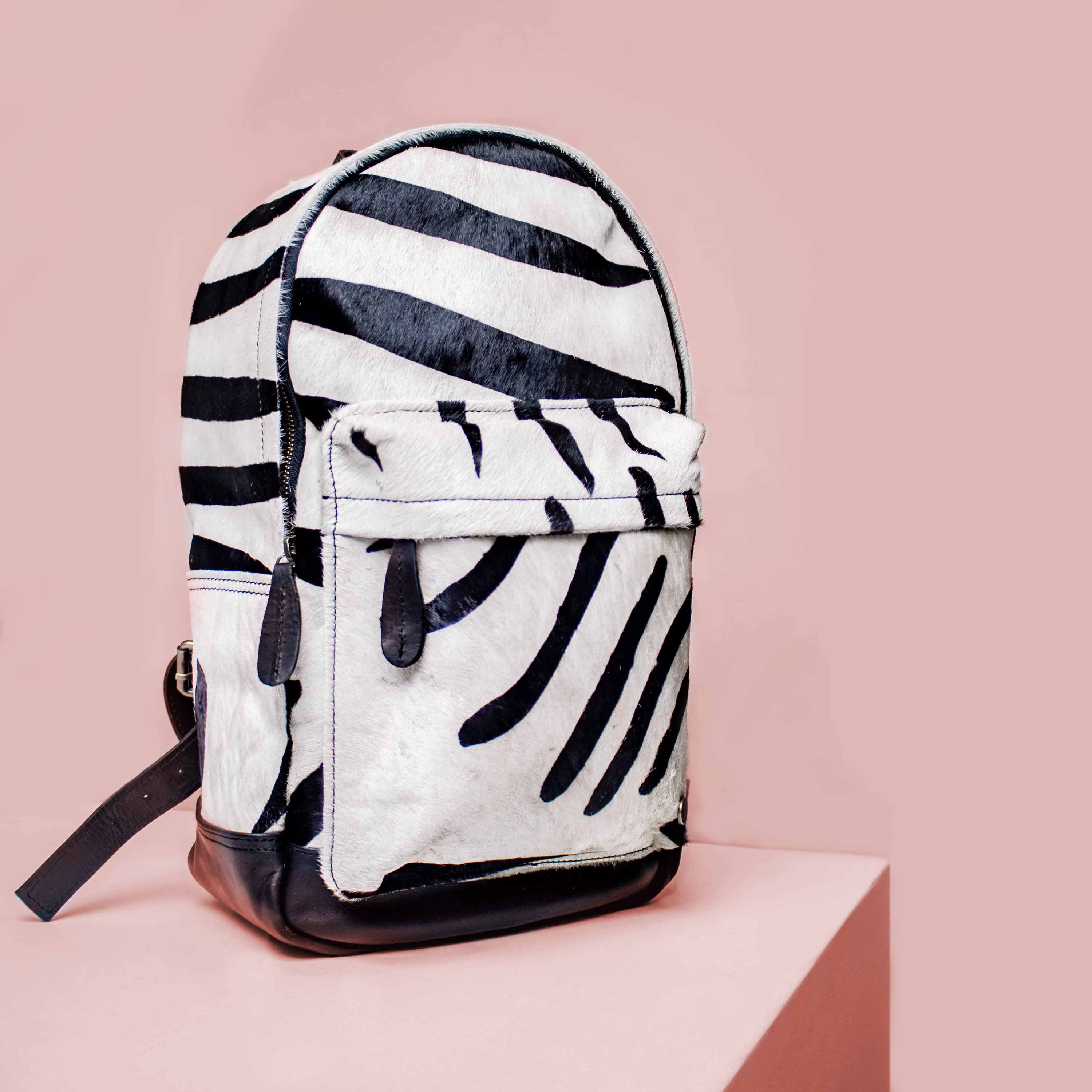 Cowhide Leather Backpack Rucksack in Black & White Zebra Print Pony Hair Full Grain - 13 Inch Laptop Capacity Handmade By Mahi