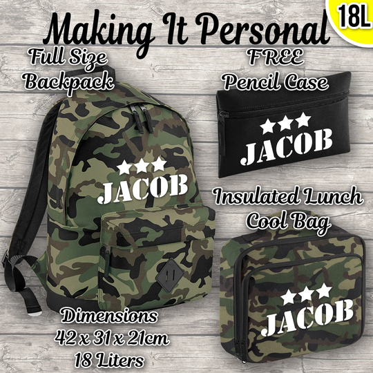 Personalised 18L Backpack Kids Lunch Bag & Free Pencil Case Add Your Name Back To School Camo