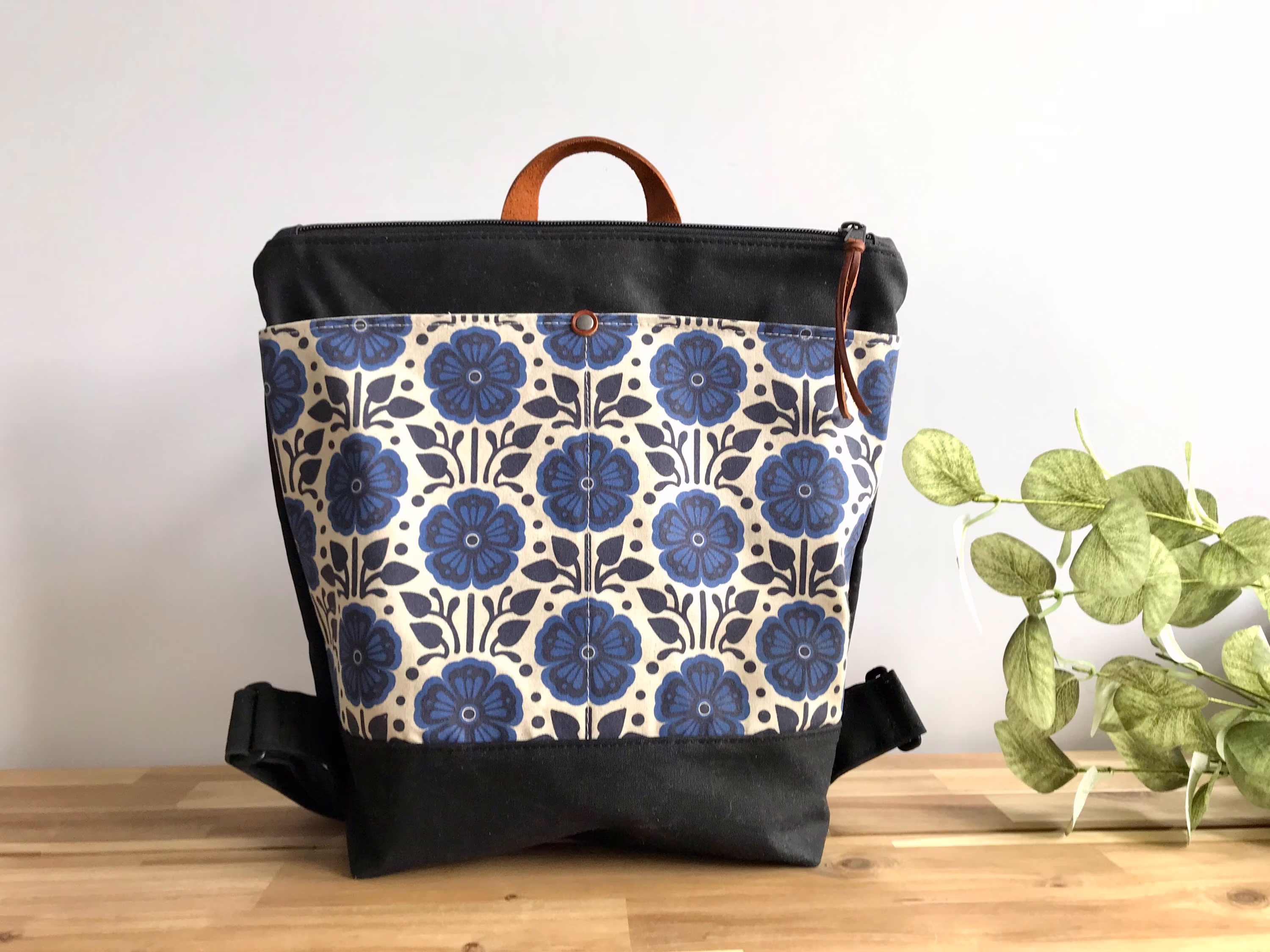 February Violets Waxed Canvas Backpack - Bag Purse Screen Printed Violet Pattern Water Resistant