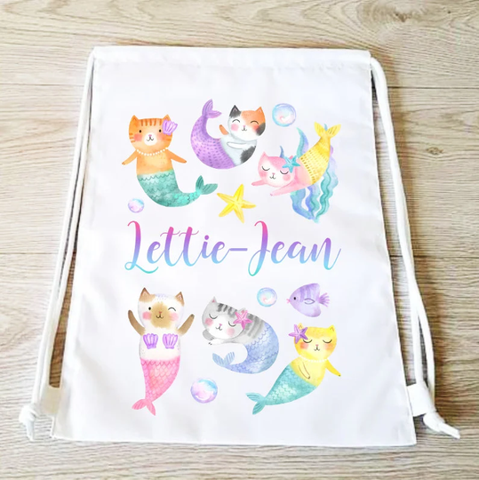 Mermaid Cats Drawstring Backpack Mercat Bag Pe Gym Sports Personalised Kitty Pastel Purrmaid