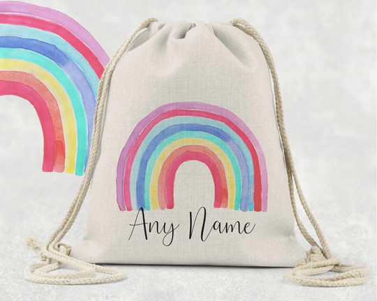 Rainbow Personalised Bag Dance Gym Baby Gift Play School Nursery Drawstring Linen