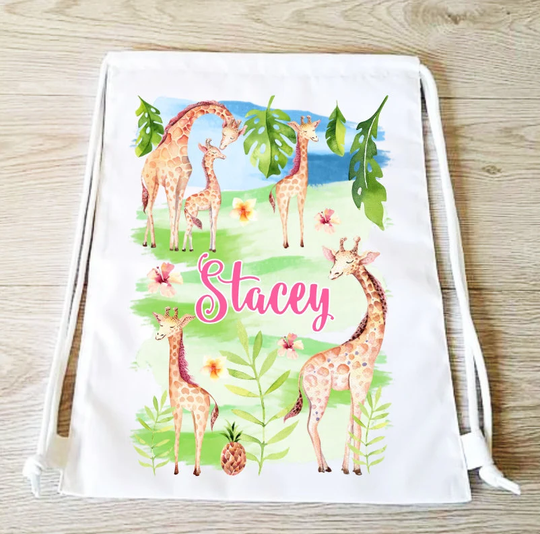 Giraffe Bag Drawstring Backpack Pe Gym Girls Sports Personalised School Swim Giraffes Safari