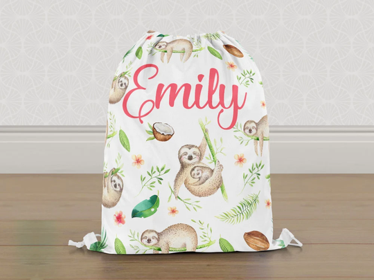 Personalised Swinging Sloth Gym Bag, Girls Kids Drawstring Childrens School Pe Swim Bag | Customise With Any Name