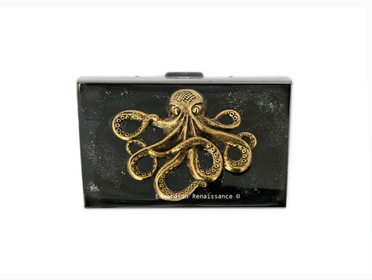 Octopus Credit Card Wallet Inlaid in Hand Painted Black With Siver Splash Enamel Nautical Kraken Design Personalize & Color Options
