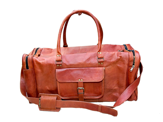 Oversized Travel Duffel Bag Genuine Leather Weekend Bag Weekender Overnight Carryon Travel Brown 24