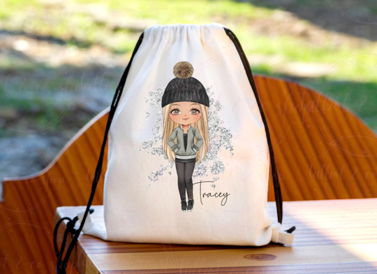 Personalised Beanie Hat Fashion Girl Drawstring Bag, P.e Kit Back To School Nursery Kids Swim Gym Dance Bag